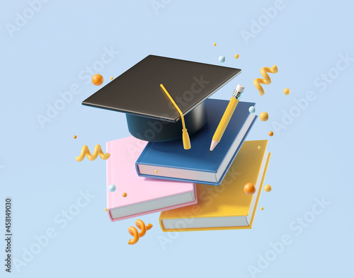 Minimal background for online education concept. Book with graduation hat on blue background. 3d rendering illustration. Clipping path of each element included.