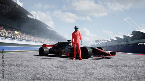 The racer standing on stadium. 3d rendering.