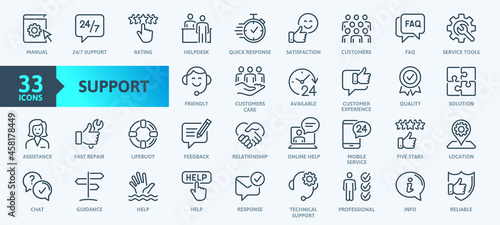 Customer Service and Support - Outline Icon Collection. Thin Line Set contains such Icons as Online Help, Helpdesk, Quick Response, Feedback and more. Simple web icons set.