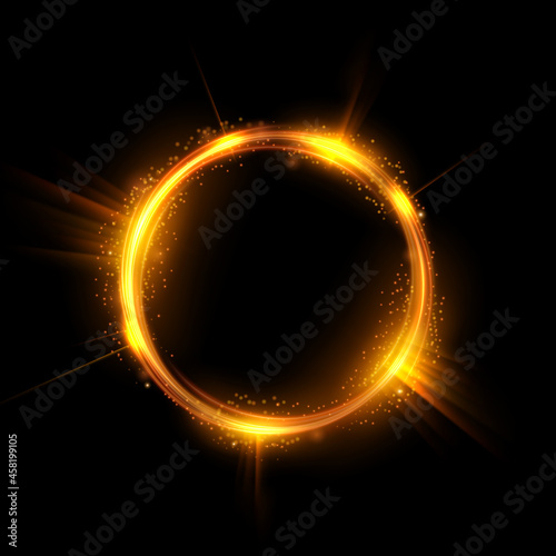 Gold Glowing Circle, Elegant Illuminated Light ring on Dark Background. Vector Illustration