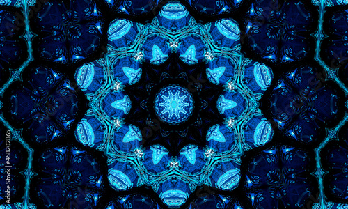 Blue navy kaleidoscope pattern abstract background. Circle pattern. Abstract fractal kaleidoscope background. Abstract fractal pattern geometrical symmetrical ornament. Kaleidoscope blue pattern