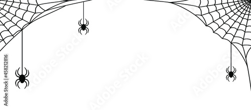 Black cobweb with spiders on a white background. Halloween frame