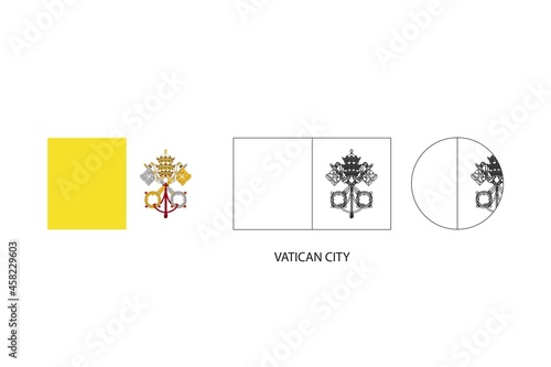 Vatican City flag 3 versions, Vector illustration, Thin black line of rectangle and the circle on white background.