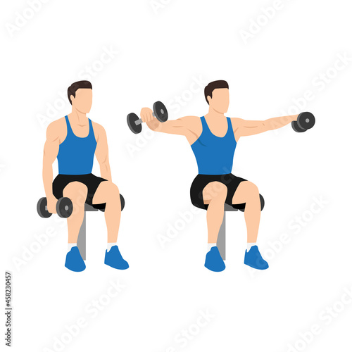 Man doing Seated dumbbell Lateral raises. Power partials exercise. Flat vector illustration isolated on white background