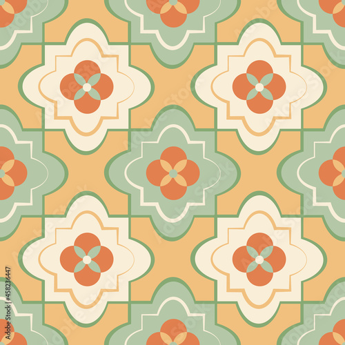 Quatrefoil seamless vector pattern background. Azulejo style backdrop with historical foil motifs in pastel teal, orange, yellow. Decorative oriental moorish design. Modern arabesque repeat