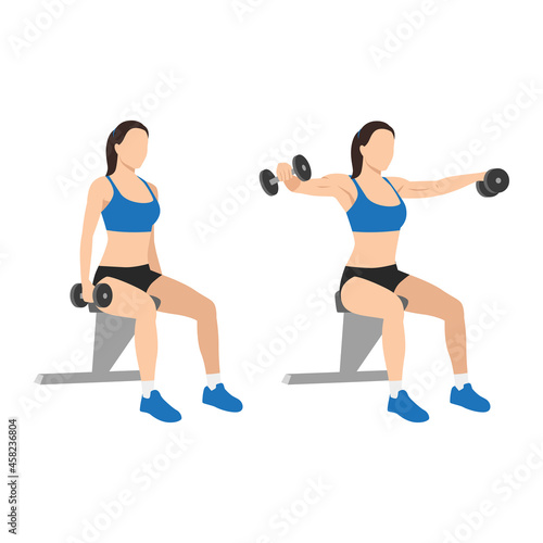 Woman doing Seated dumbbell Lateral raises. Power partials exercise. Flat vector illustration isolated on white background