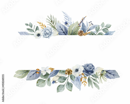 A watercolor vector Christmas banner with dusty blue flowers and branches.