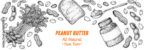 Peanuts and ingredient for peanut butter sketch. Breakfast for energy. Hand drawn vector illustration. Design template. Vegan food. Peanut nut butter set.