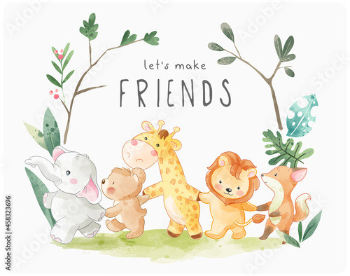 let's make friends slogan with cute cartoon animals holding hand illustration 