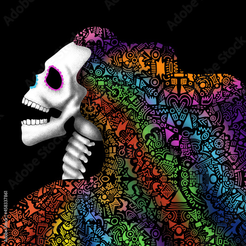 Skull with patterned hair for celebration the Day of the dead (Dia Los muertos) or skateboard, tattoo, t-shirt design