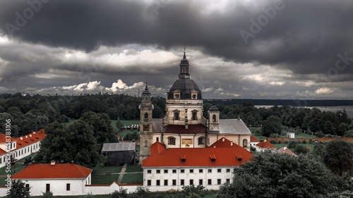 Eerie scenery of the Pazaislis monastery and church on stormy weather in Kaunas, Lithuania