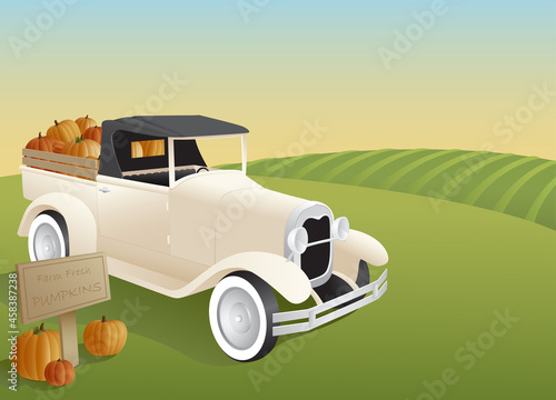 A vintage style pickup truck loaded with pumpkins out on the farm.