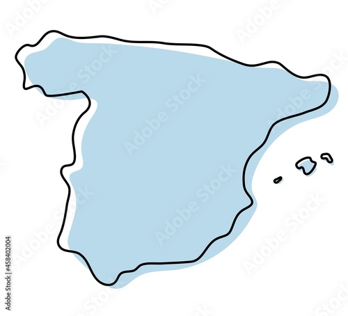 Stylized simple outline map of Spain icon. Blue sketch map of Spain vector illustration