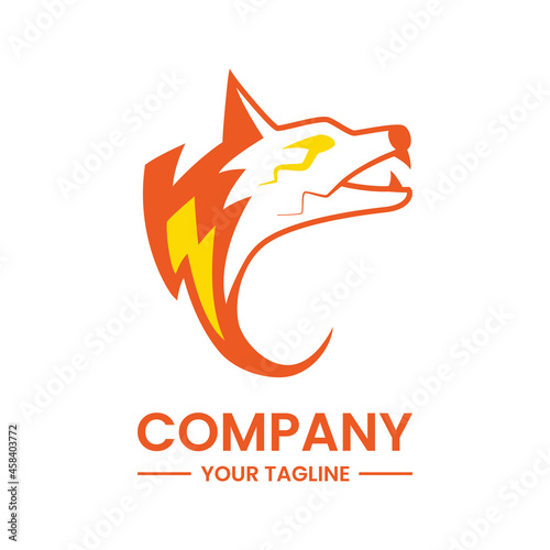 thunder wolf logo concept. wolf head and lightning. combination, creative, flat and line style. orange and yellow. for logo, icon, mascot, symbol and sign. such as power, sport or fast logo