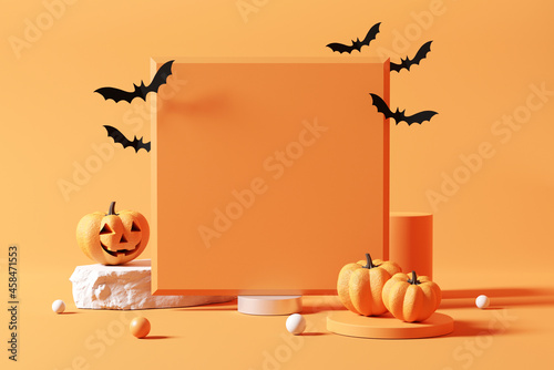 Background blank billboard for Halloween, 3d rendering, Smiling pumpkin character with bat on geometric shape, Space for promotion Halloween day.