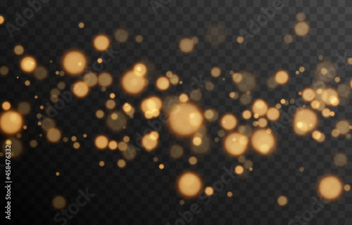 Gold bokeh on isolated transparent background. Light effect png, blurred bokeh png, christmas background. Magic glow, radiance.