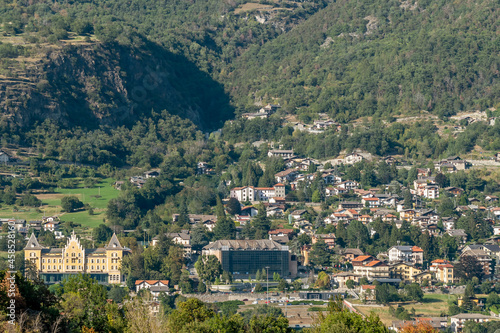 Aerial view of Saint Vincent, Aosta Valley, Italy, on a sunny summer day