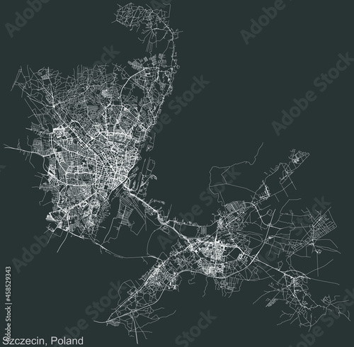 Detailed negative navigation urban street roads map on dark gray background of the Polish regional capital city of Szczecin, Poland