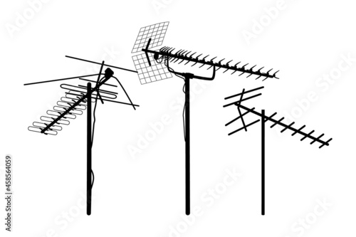 Television antenna icons set isolated on white background. Silhouettes of different television aerials. Tv antenna sign or symbol. Television rooftop antennas. Technology. Stock vector illustratiotion