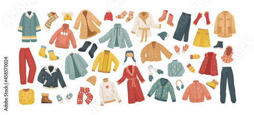 The vector set of winter clothes. Coats, hats, gloves, shoes and socks.