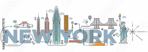Typography word "New York" branding technology concept. Collection of flat vector web icons. NY culture travel set, famous architectures and specialties detailed silhouette. USA famous landmark.