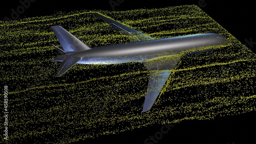 Air flow around airplane body. Angled prespective back view tunnel wind particle flow . 3d render illustration