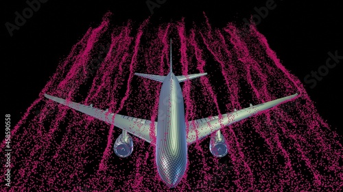 Air flow around airplane body. Front view wind tunnel particle flow . 3d render illustration