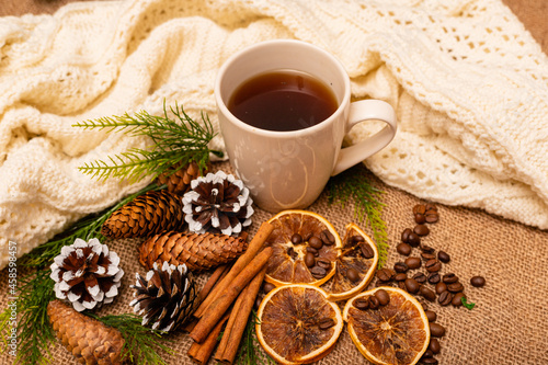  Beautiful stylish christmas composition with a cup of tea, cinnamon and pine cones 