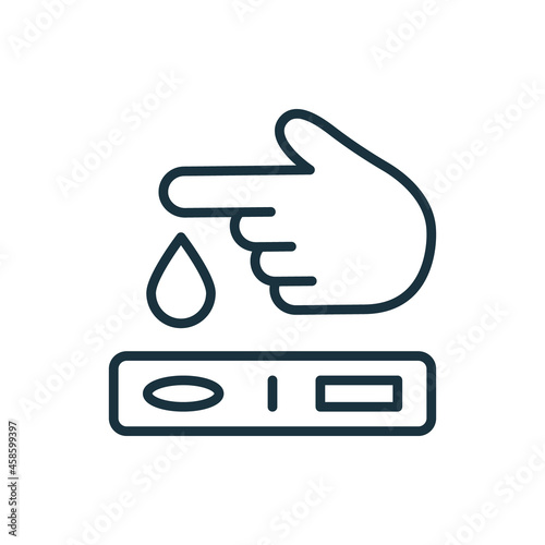 Finger Blood Test Line Icon. Blood Sugar Analysis Linear Pictogram. Research of Level Glucose Outline Icon. Tests of Glycemia in Diabetes. Editable Stroke. Isolated Vector Illustration
