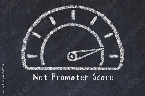 Chalk sketch of speedometer with high value and iscription Net Promoter Score. Concept of hight KPI