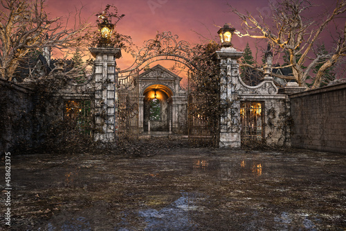 3D rendering of a creepy old overgrown cemetery with a mausoleum behind the open iron gates.