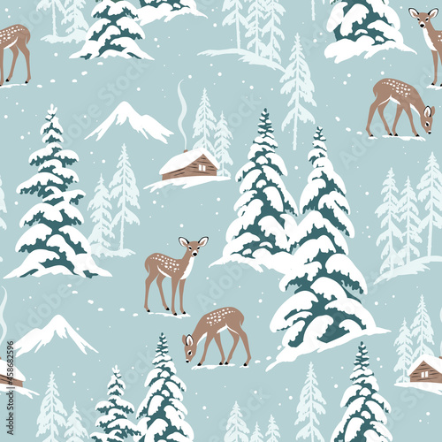 Snowy landscape seamless vector pattern with deer, chalet and snowy pine trees. Perfect for textile, wallpaper or print design.