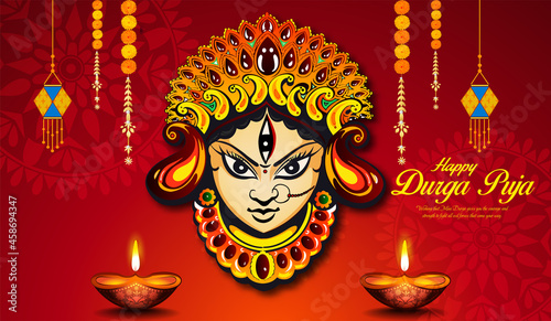  Illustration of Goddess Maa Durga in Happy Dussehra Navratri background Template Design celebrated in Hindu Religion and festival of durga puja