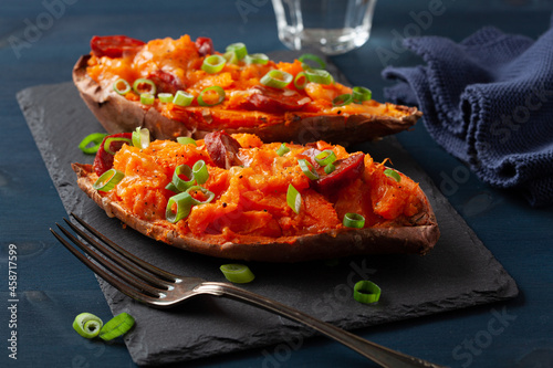 twice baked sweet potato with cheese and chorizo sausage