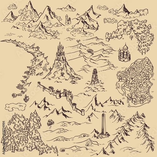 Line art draw simple icon fantasy kingdom map elements