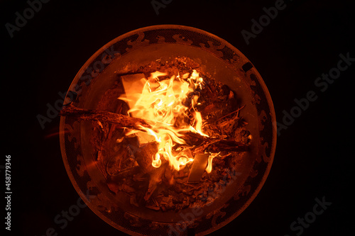 Overhead view of fire in an outdoor fire pit