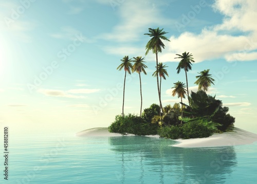 Beautiful tropical island with palm trees in the rays of the setting sun, ocean landscape with a tropical island with palm trees, palm trees on an island in the sea, 3D rendering