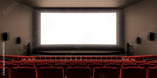 赤い椅子の並んだ映画館と眩しく光るスクリーン / 3Dレンダリンググラフィックス / オープニング感・登場感・ティザー用背景素材