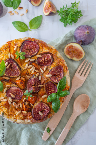 Homemade quiche tart with figs, cream cheese