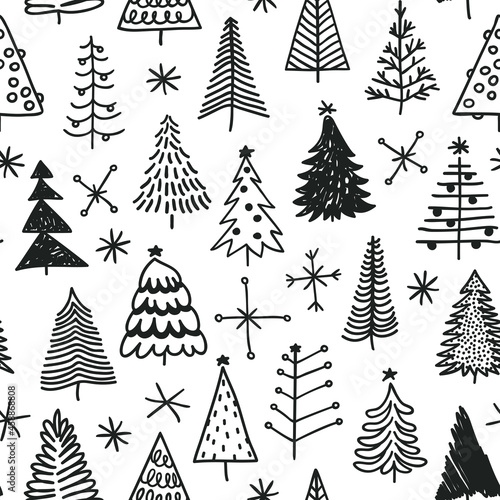 Seamless pattern with hand drawn Christmas tree. Abstract doodle drawing winter wood. Vector art Holidays illustration