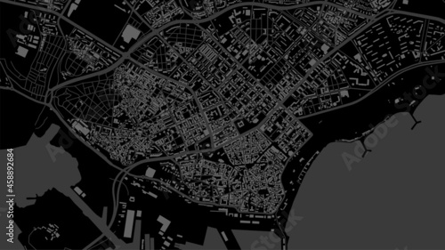 Dark black Varna City area vector background map, streets and water cartography illustration.