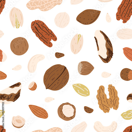 Seamless pattern with nuts on white background. Cute doodle illustrations. For prints, backgrounds, wrapping paper, textile, linen, wallpaper, etc. 