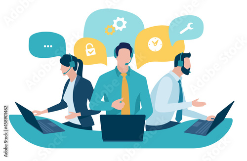 Call center. Customer service, hotline operators with headsets. Online technical support 24 h, Vector illustration.