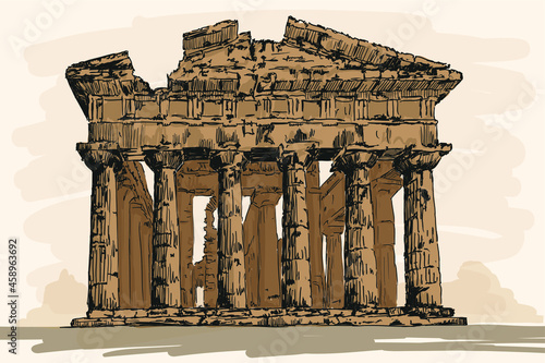 Pre-Greek ruined stone temple with columns. Quick hand sketch on a beige background.