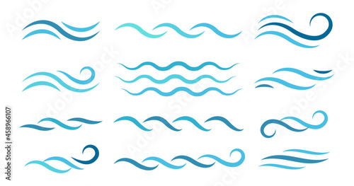 Water wave line art set. Wave beach vector symbol or logo design collection. Abstract water waves see blue vector design elements. 