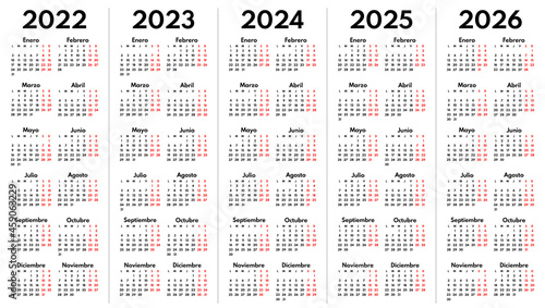 2022 2023 2024 2025 2026 spanish monthly calendar grid, vector template