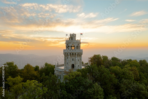 Erzsebet lookout tower in Budapest Normafa hill. Famous attraction in Budapest's hills. Spledid old tower built in 1910.