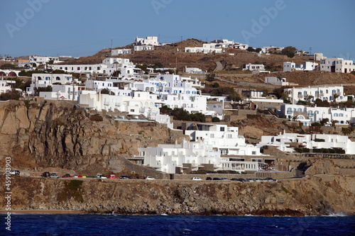 Beautiful Greek island Mykonos seaside and traditional bulidings in Greece. Mykonos is located to the area of the central Aegean Sea and belongs to the prefecture of Cyclades.