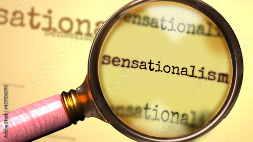 Sensationalism and a magnifying glass on word Sensationalism to symbolize studying and searching for answers related to a concept of Sensationalism, 3d illustration