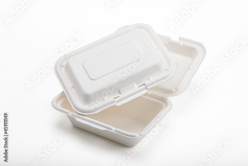 Bagasse food box on white background , Natural eco-friendly disposable utensil concept
